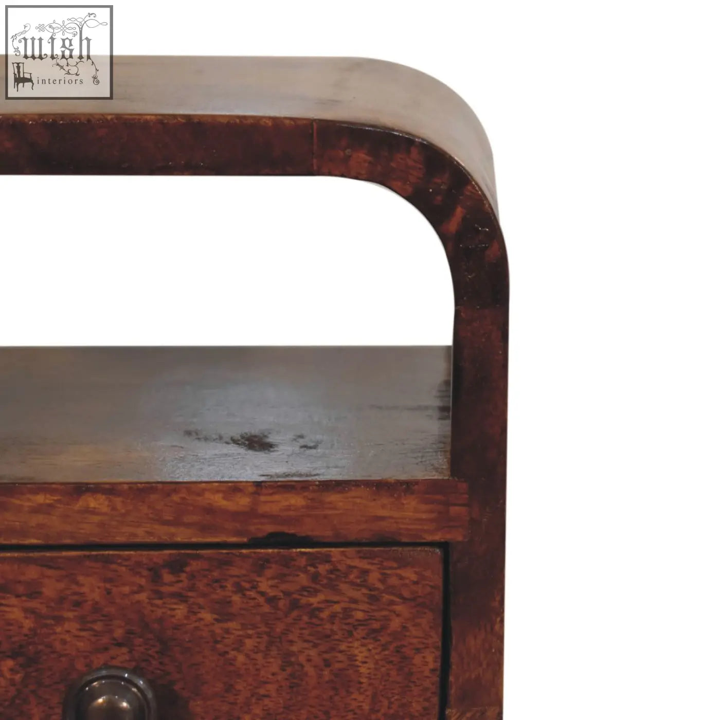 Dark brown burled wood extra mini chestnut curve nightstand with a single drawer and open slot bedside table