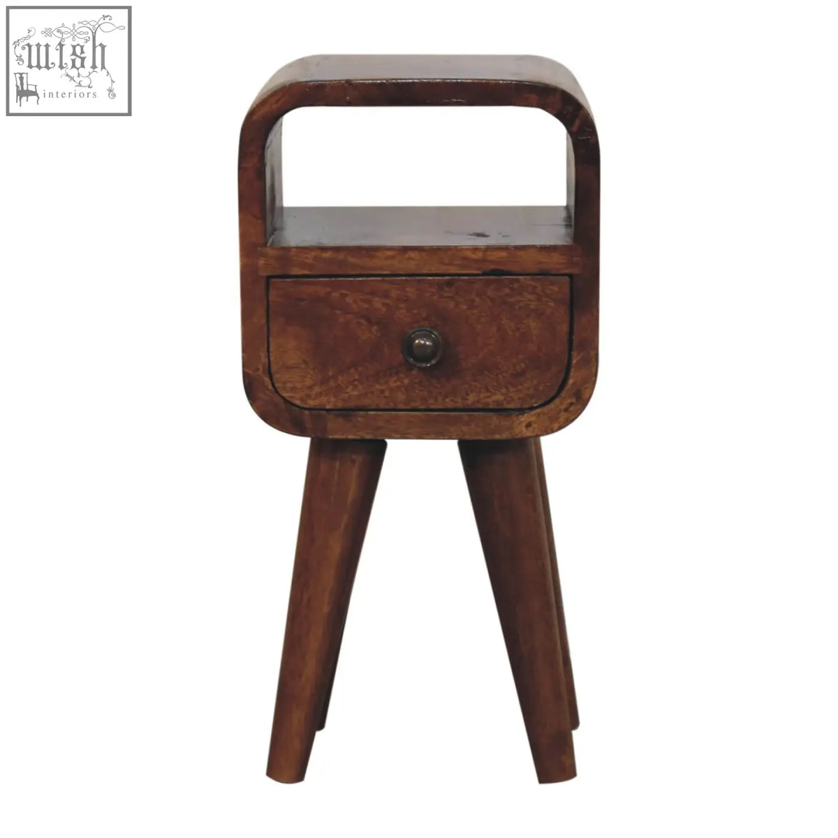 Dark brown wooden extra mini chestnut curve nightstand with open slot, single drawer, and angled legs bedside table
