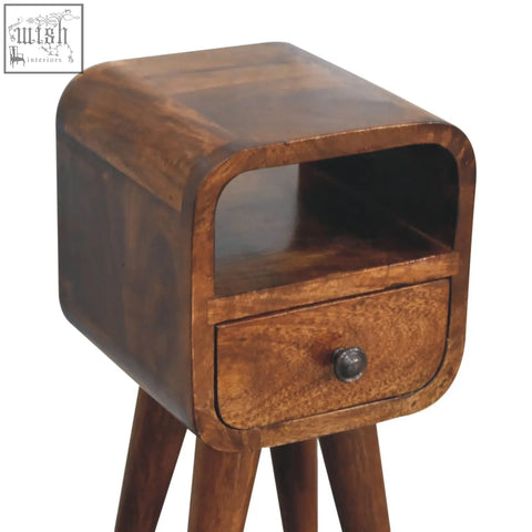 Rustic extra mini chestnut curve bedside table with open slot, curved top, single drawer, and three tapered legs