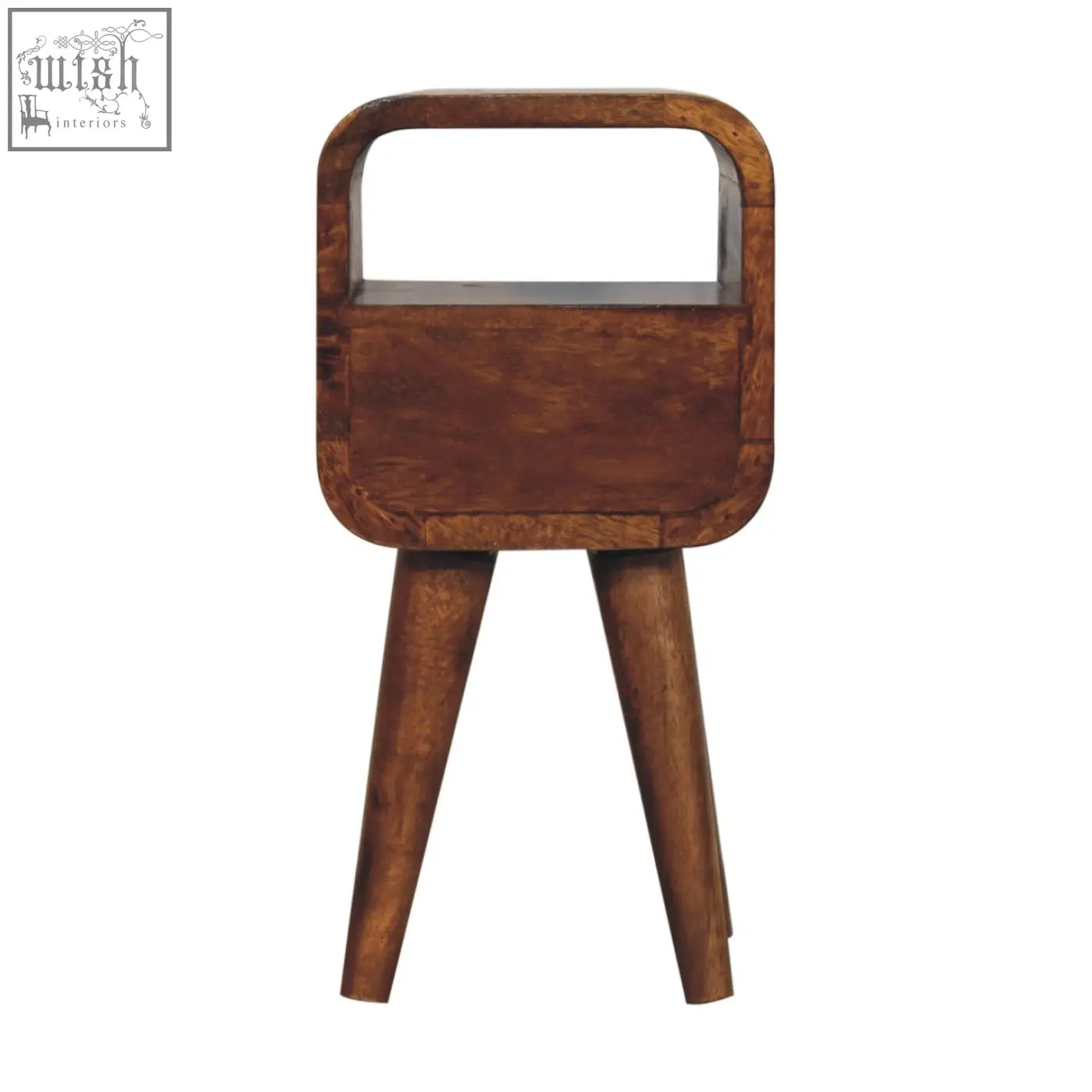 A rustic extra mini chestnut curve open slot bedside table with a wooden top rounded corners and three tapered legs