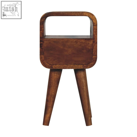 A rustic extra mini chestnut curve open slot bedside table with a wooden top rounded corners and three tapered legs