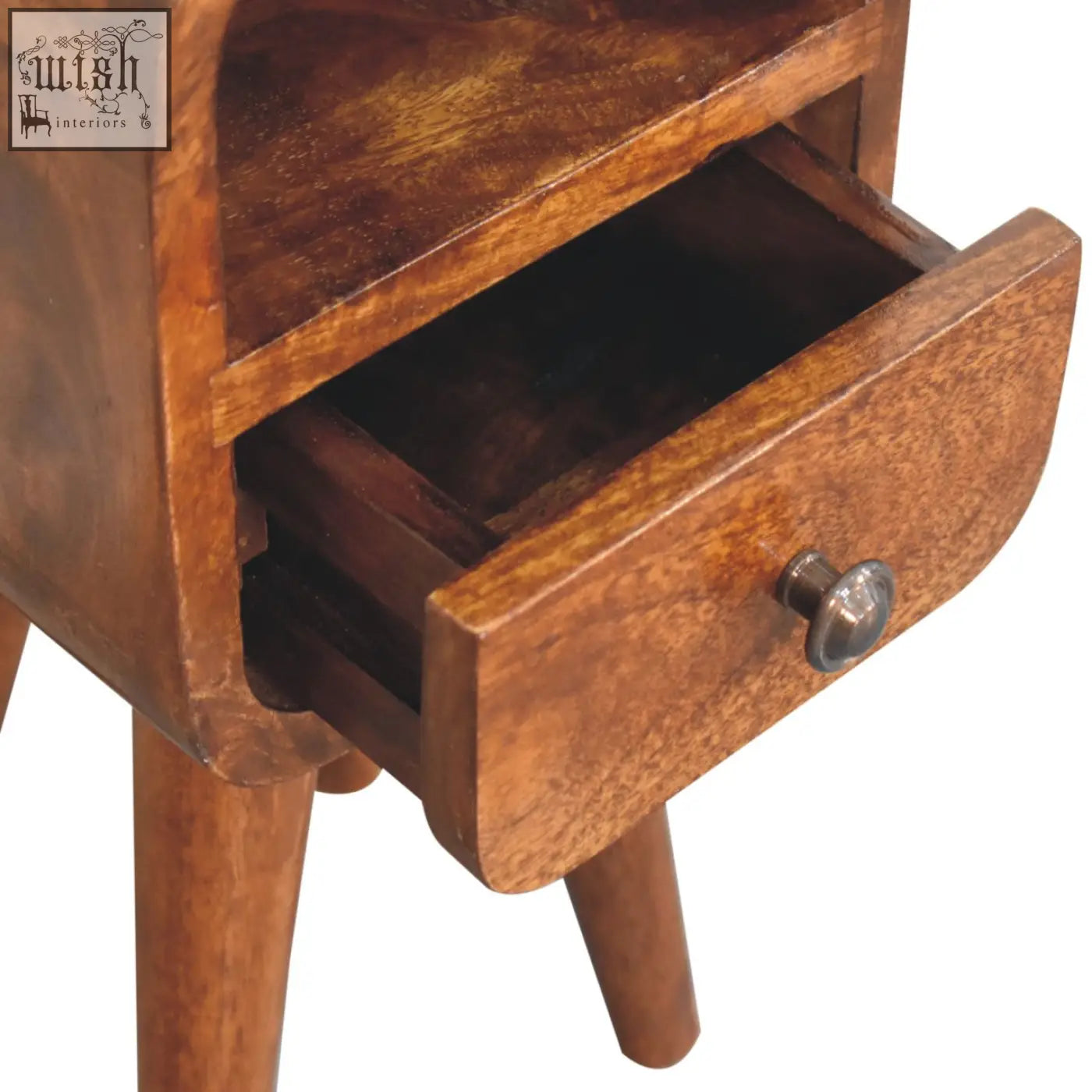 Extra mini chestnut curve wooden nightstand with open slot drawer tapered legs warm brown finish and round knob