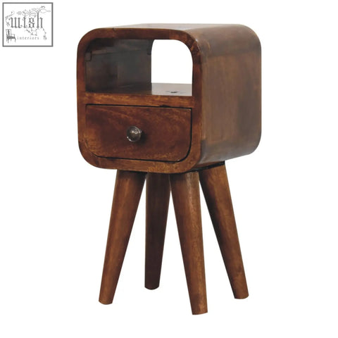 A sleek dark brown wooden extra mini chestnut curve open slot bedside table with a rounded top and three angled legs