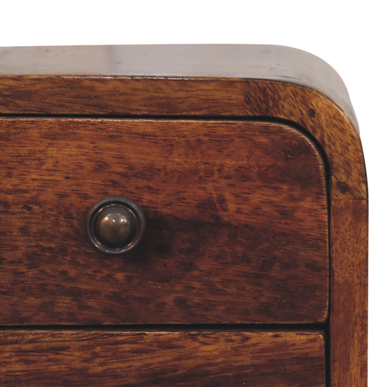 Dark brown wooden drawer with a round metallic knob on an extra mini curved chestnut bedside table