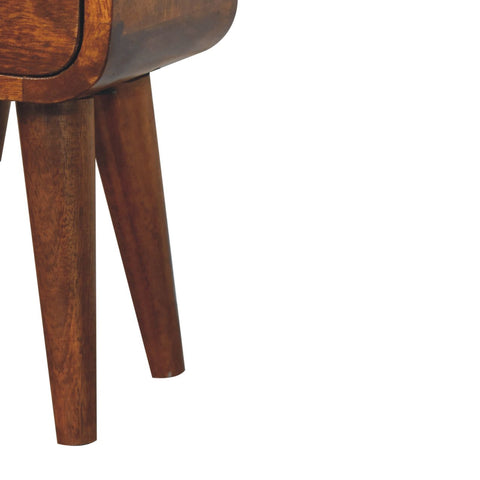 Extra mini curved chestnut bedside table in mid-century modern style with wooden tapered legs and curved drawer front