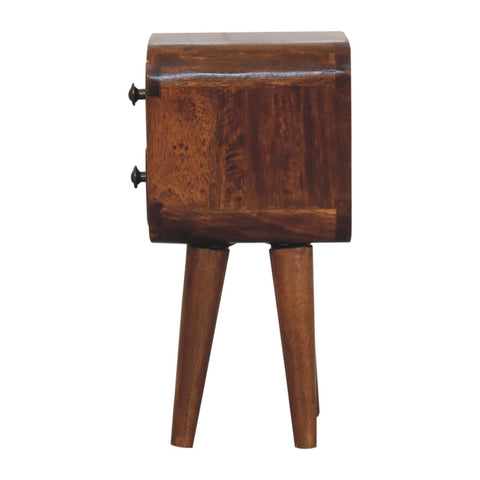 Extra mini curved chestnut bedside table with two drawers and tapered legs in rustic brown wood finish