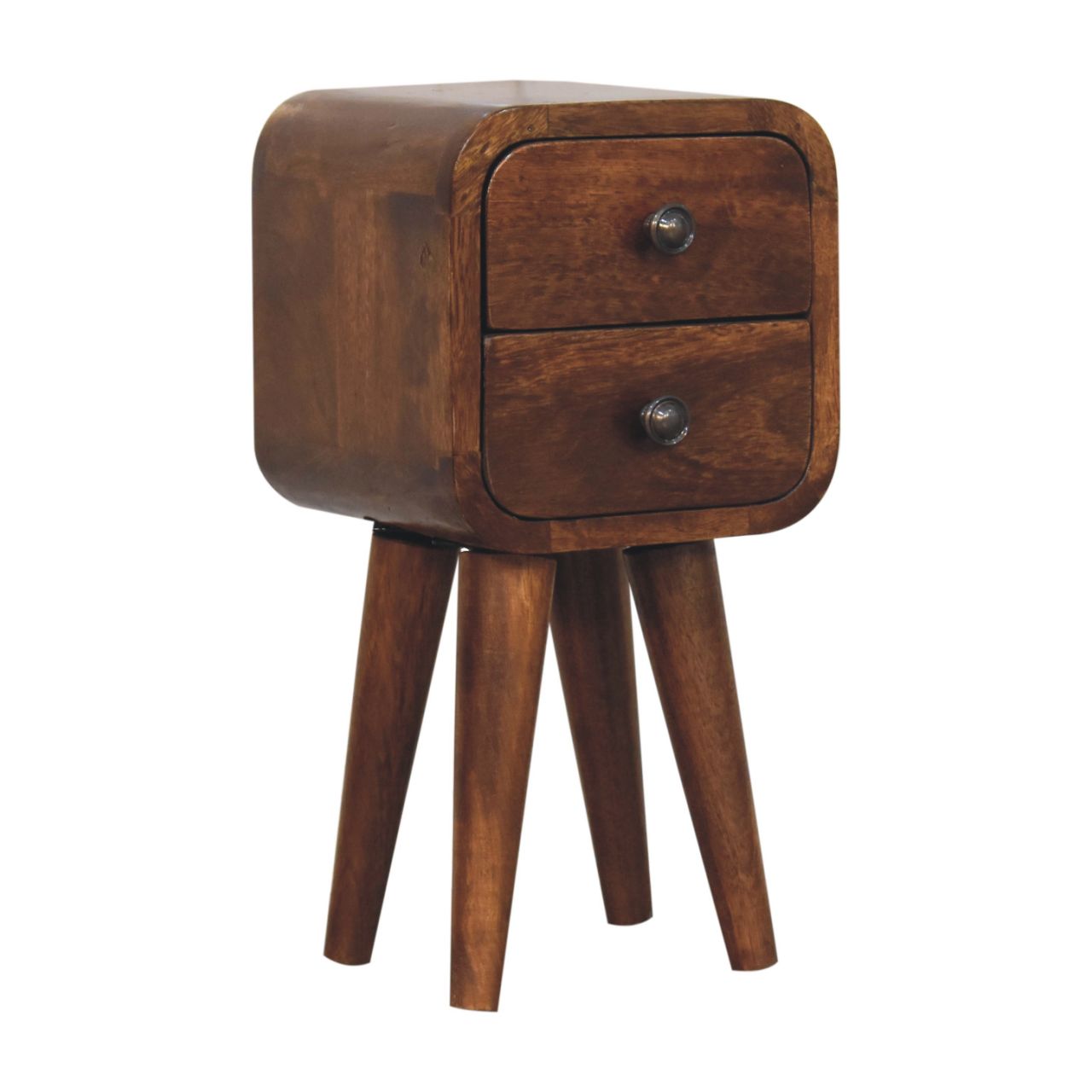 Extra mini curved chestnut bedside table with two drawers warm brown rustic wooden nightstand with tapered legs