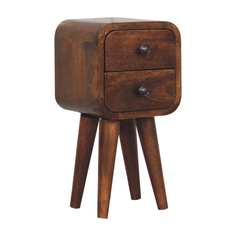 Extra mini curved chestnut bedside table with two drawers warm brown rustic wooden nightstand with tapered legs