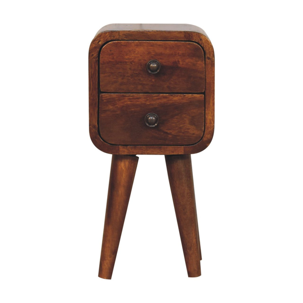 Extra mini curved chestnut bedside table with rustic wooden two-drawer nightstand and round metal knobs in warm brown