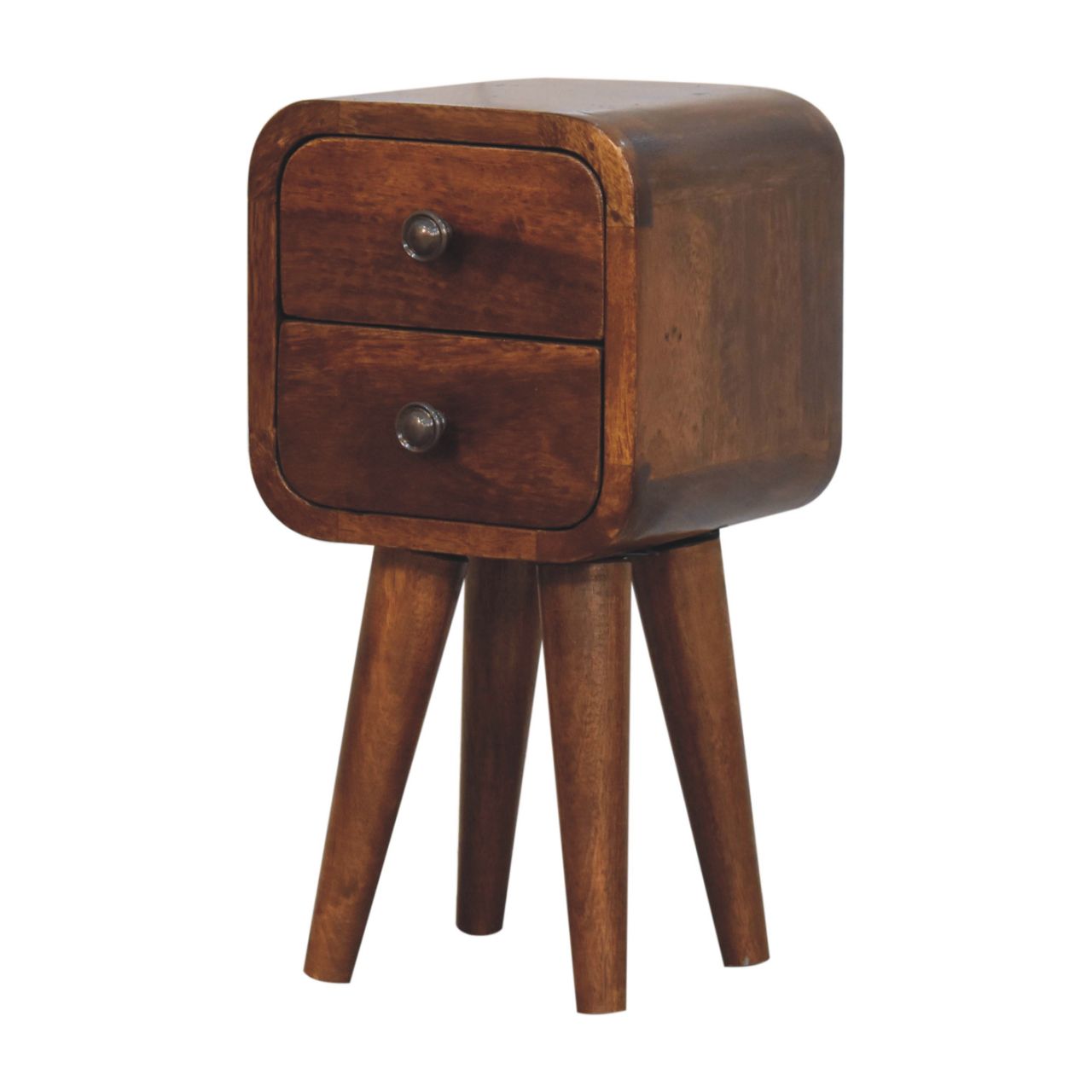 A sleek extra mini curved chestnut bedside table in dark brown wood with two drawers and tapered legs