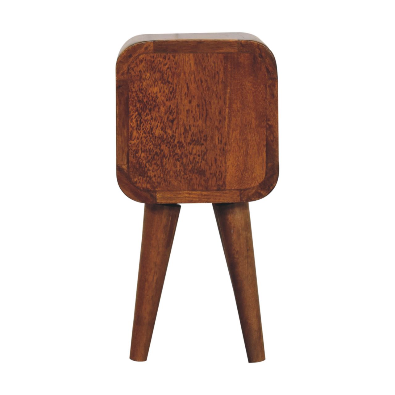 Extra mini curved chestnut bedside table with warm brown finish wood grain and rounded edges in a square shape