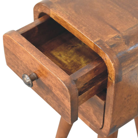 Extra mini curved chestnut bedside table with warm brown wooden finish drawer and metal knob