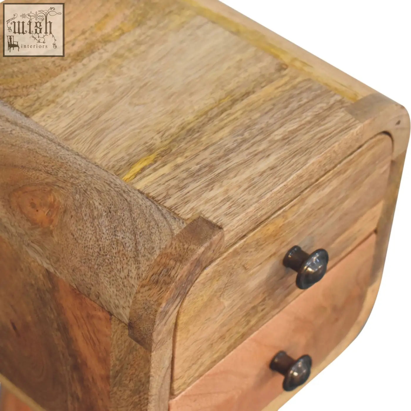 Extra mini curved oak-ish bedside table made of reclaimed mango wood with two drawers dark bronze knobs and curved edges
