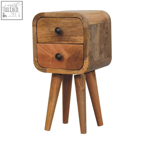 Extra mini curved oak-ish bedside table with two drawers black knobs on mango wood and three angled legs