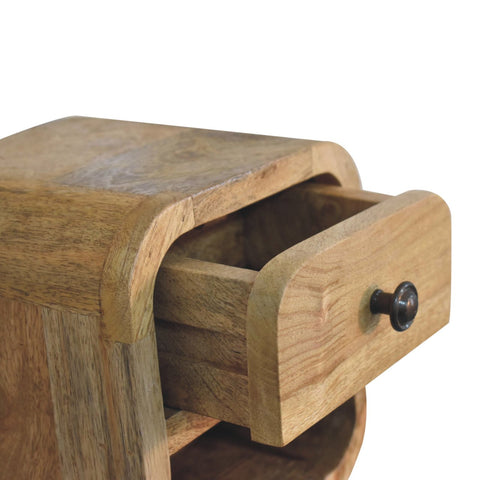 Light brown wooden extra mini curved oak-ish bedside table with open slot and black metal knob drawer