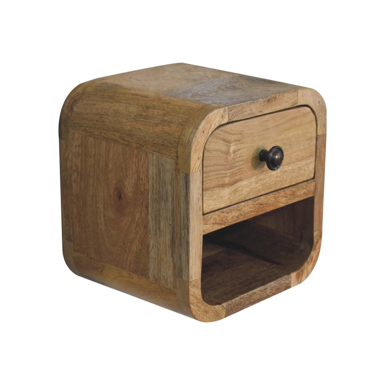 A rustic light brown extra mini curved oak-ish wooden bedside table with a single drawer and open slot design