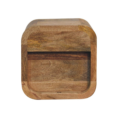 A rustic square wooden tray with rounded edges and natural grain for the extra mini curved oak-ish open slot bedside table