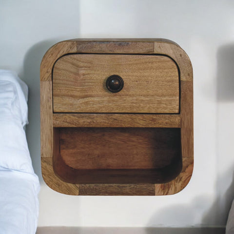 Extra mini curved oak-ish bedside table with open slot featuring rustic wood grain and dark bronze knob drawer