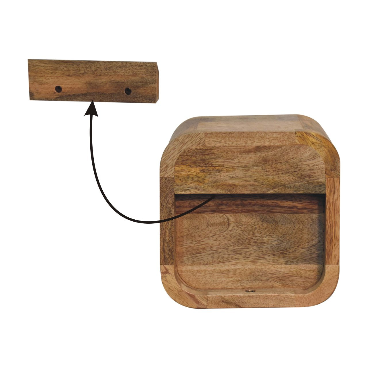 Extra mini curved oak-ish bedside table made of rustic wood with visible grain and open slot for easy storage