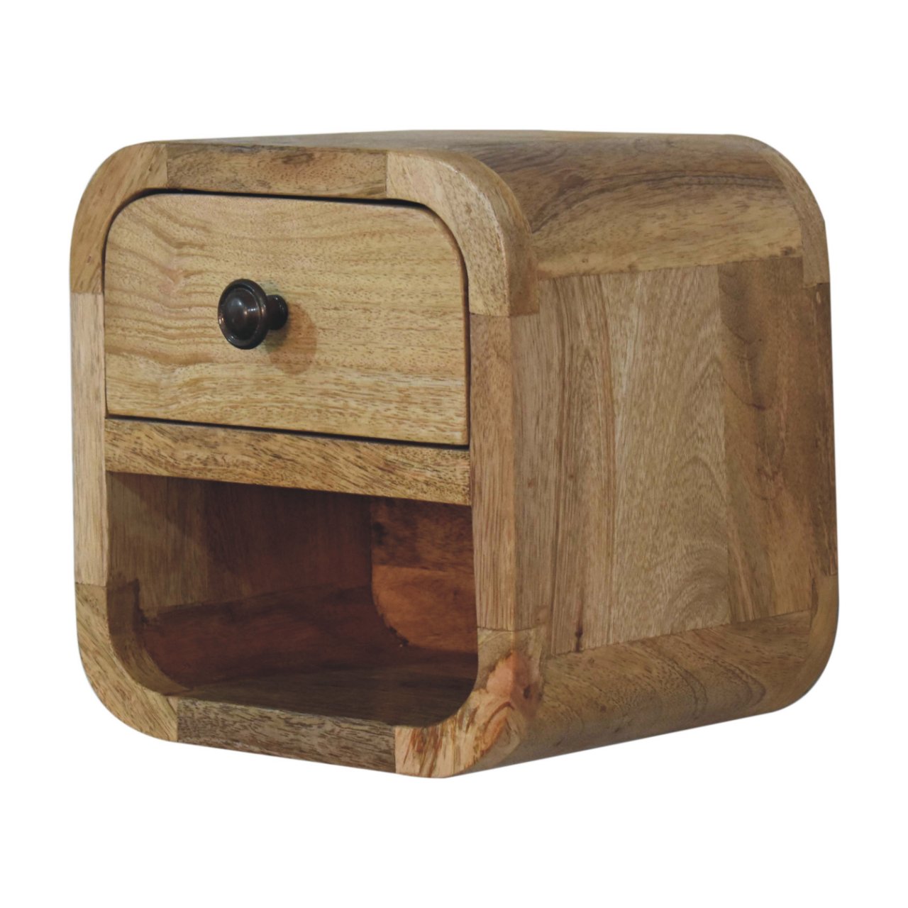 Extra mini curved oak-ish bedside table with warm wood tones black metal knob and open slot for storage