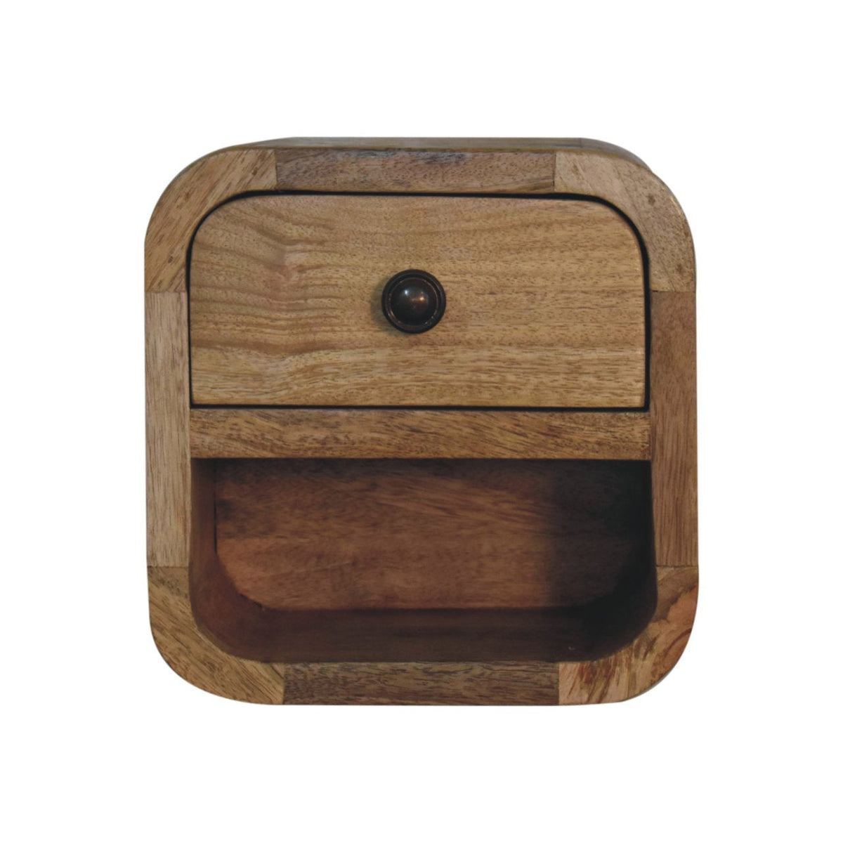 Extra mini curved oak-ish bedside table with open slot, warm natural wood grain, single drawer, and dark round knob