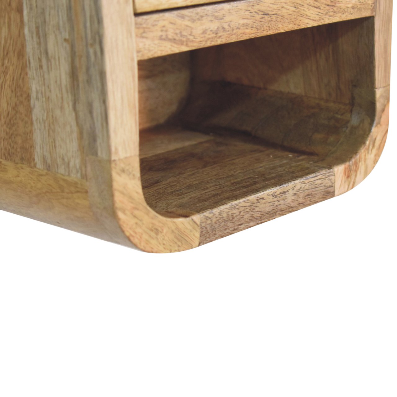 Rustic wooden extra mini curved oak-ish bedside table with open slot and natural grain finish