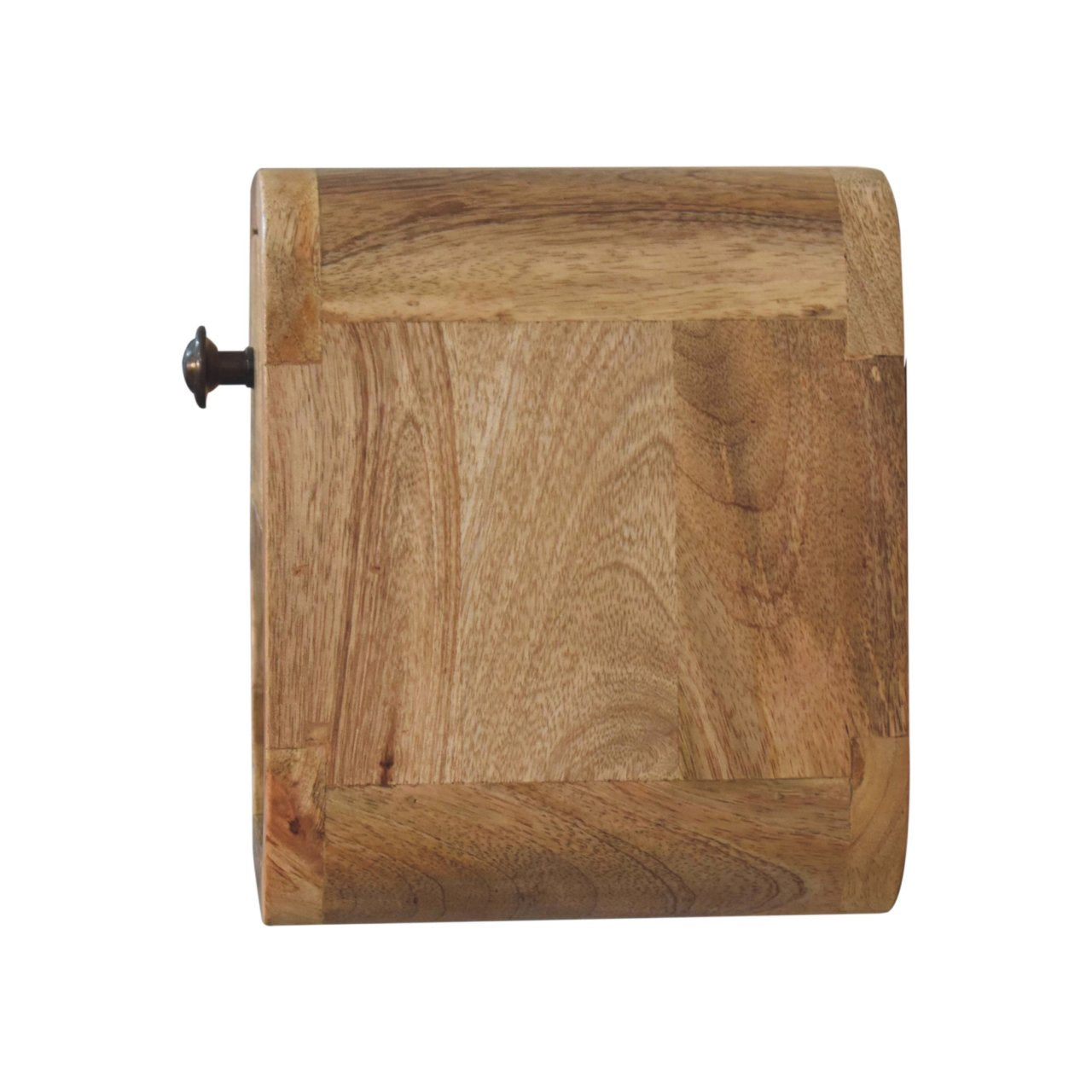 Rustic wooden toilet paper holder with natural light brown finish and black metal screw for open slot bedside use