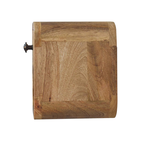 Rustic wooden toilet paper holder with natural light brown finish and black metal screw for open slot bedside use