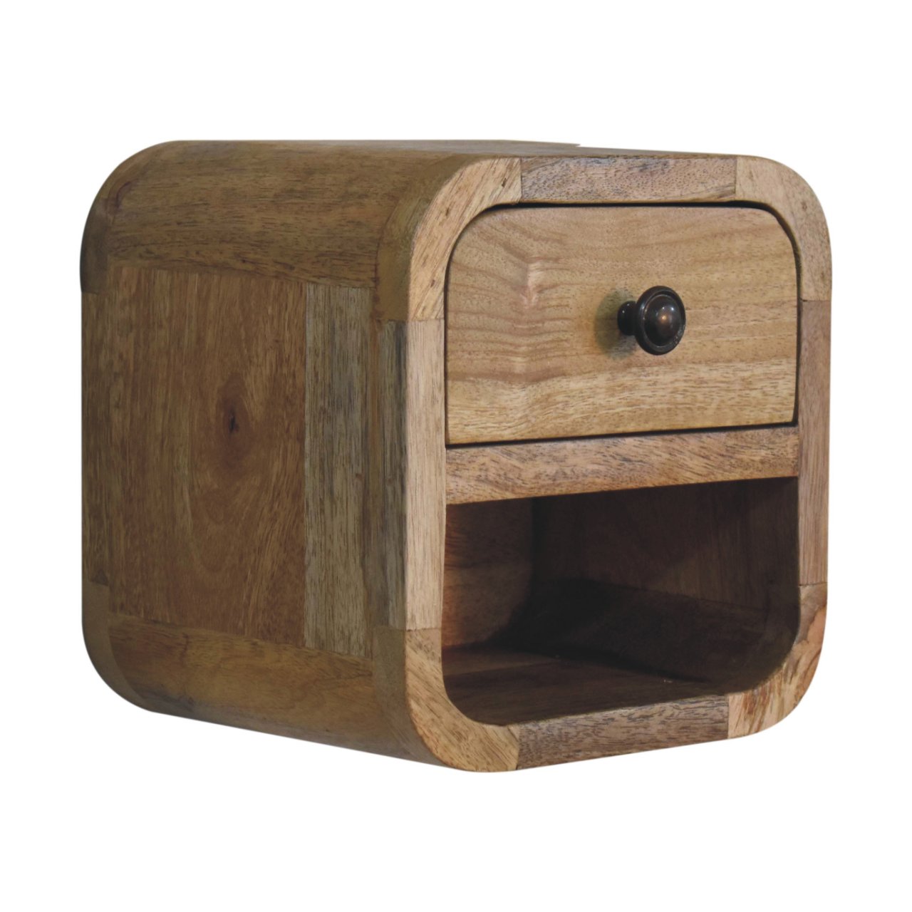 Extra mini curved oak-ish bedside table with open slot, rustic wood grain, warm tones, and dark metal knob
