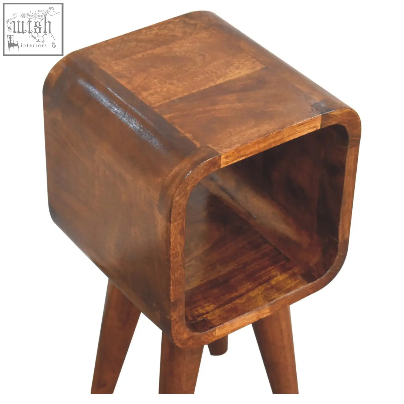 Brown wooden extra mini minimalist open curved bedside table with rounded edges and three tapered legs