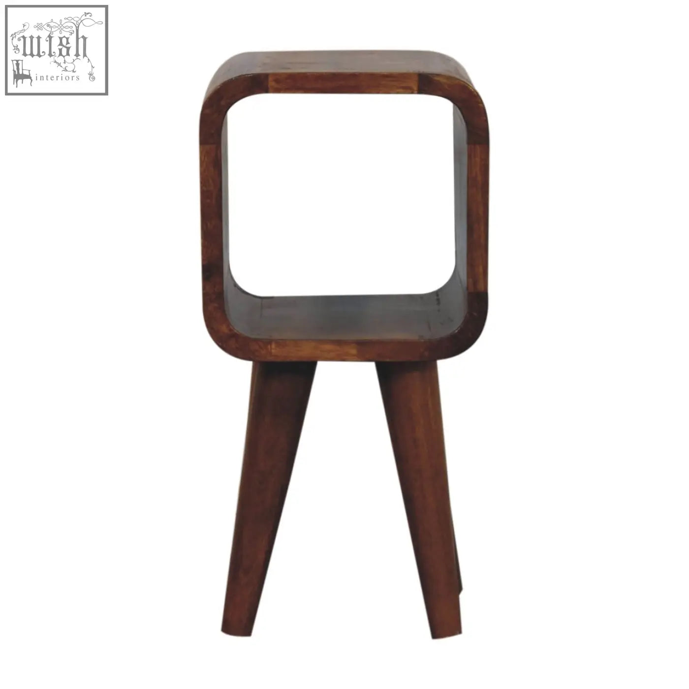 Dark brown wooden extra mini minimalist open curved bedside table with square open-frame design and tapered legs