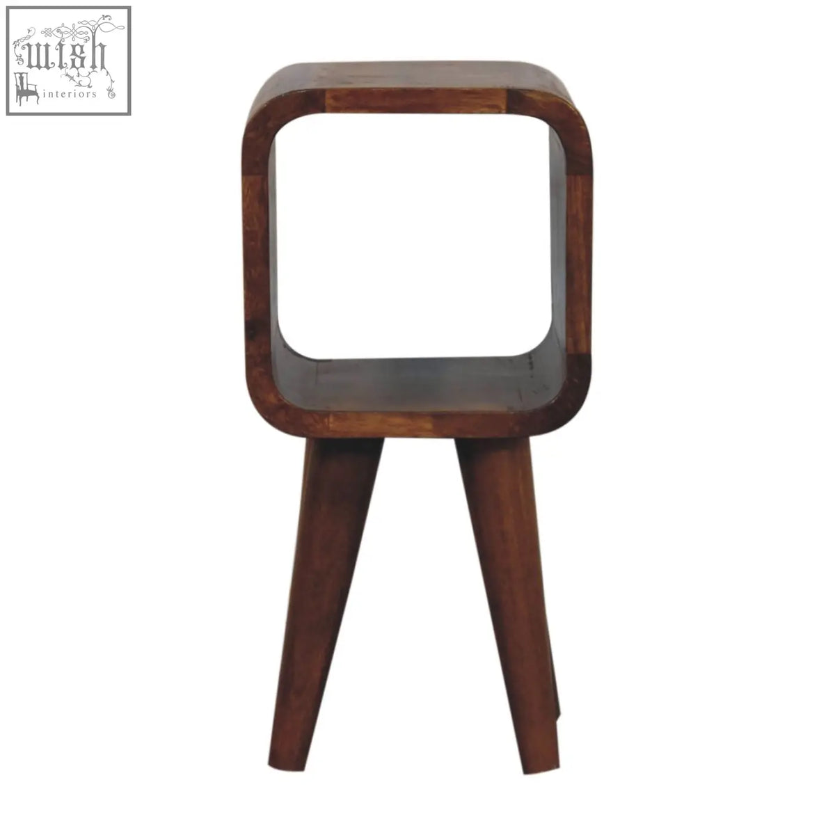 Dark brown wooden extra mini minimalist open curved bedside table with square open-frame design and tapered legs