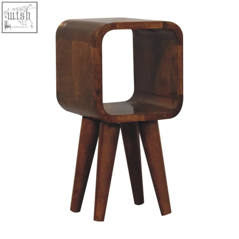 Dark brown wooden extra mini minimalist open curved bedside table with square open top and three tapered legs