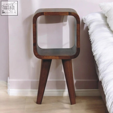 Dark wood extra mini minimalist open curved bedside table with square frame top and three angled legs