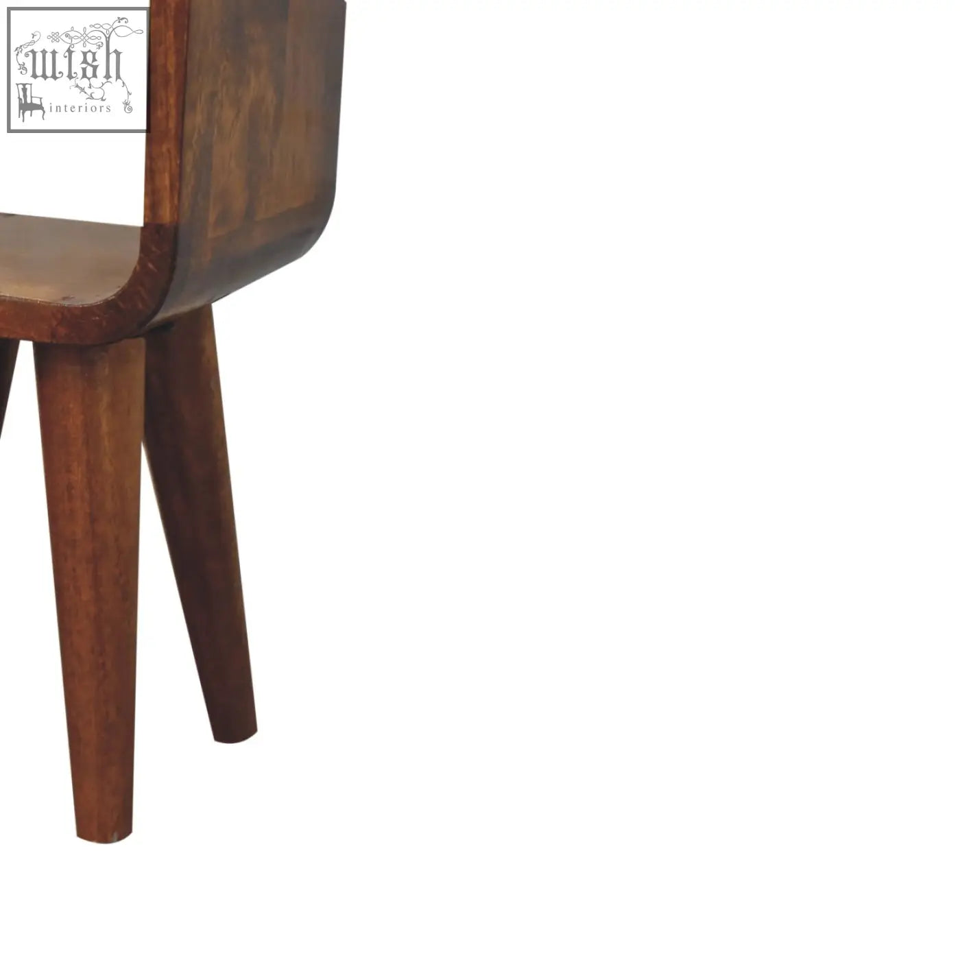 Mid-century modern wooden chair in rich warm brown with sleek curved design perfect for extra mini minimalist spaces