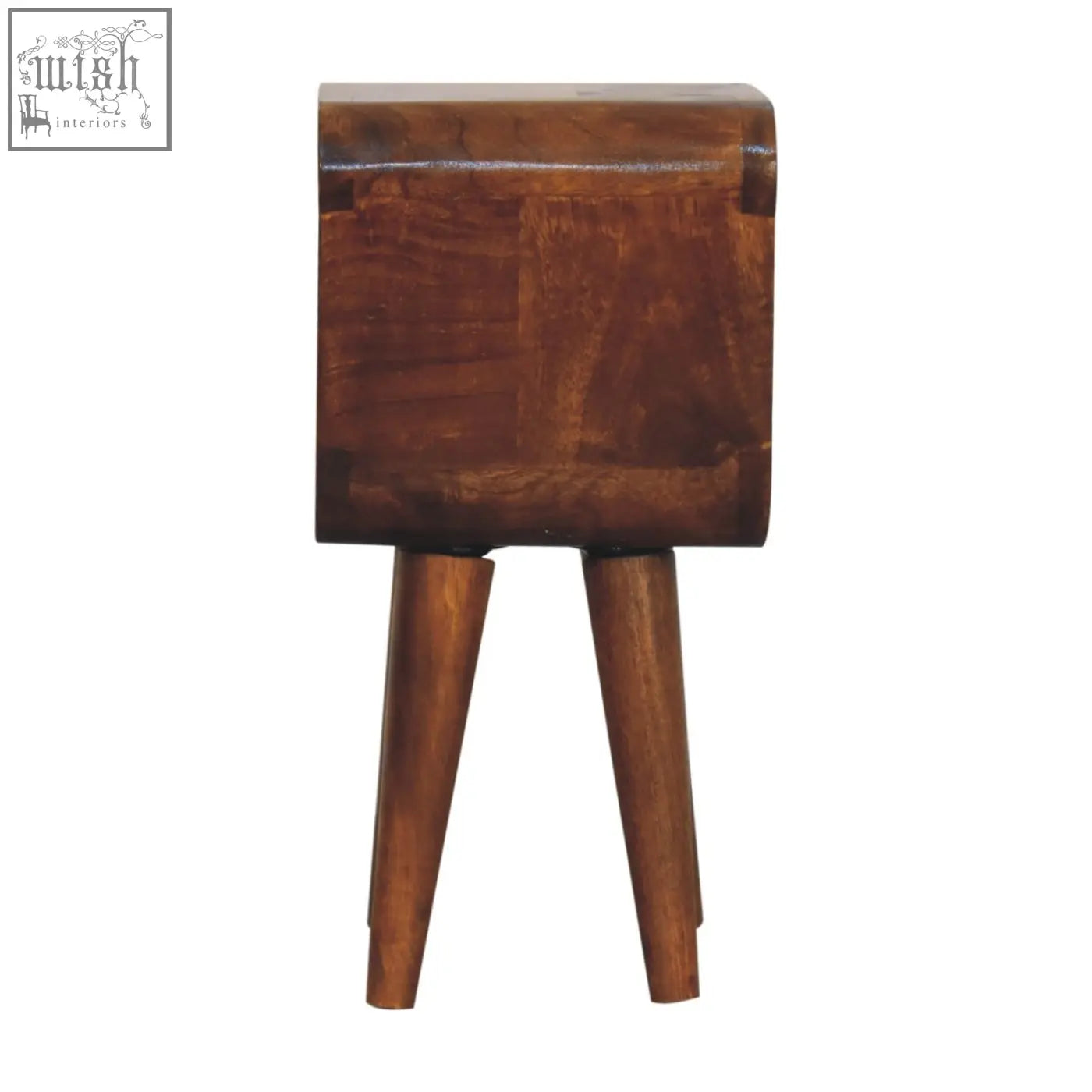 A rustic extra mini minimalist open curved bedside table with a square top and tapered legs in dark brown wood
