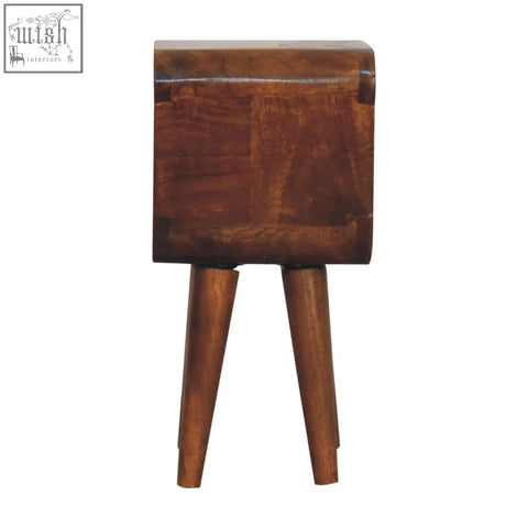 A rustic extra mini minimalist open curved bedside table with a square top and tapered legs in dark brown wood