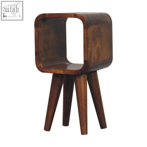 A sleek dark brown wooden extra mini minimalist open curved bedside table with three tapered legs and modern square design