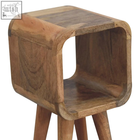 Reclaimed wood extra mini minimalist open curved bedside table with rounded edges and open shelf in oak finish