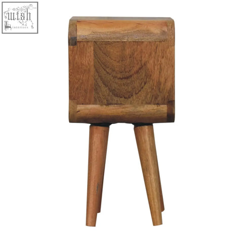 Extra mini minimalist open curved oak-ish bedside table with open shelf and warm natural wood grain finish