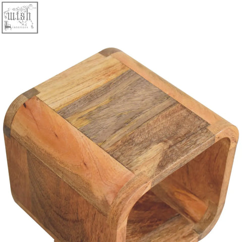 Extra mini minimalist open curved bedside table with reclaimed wood cube top and open shelf in natural tones