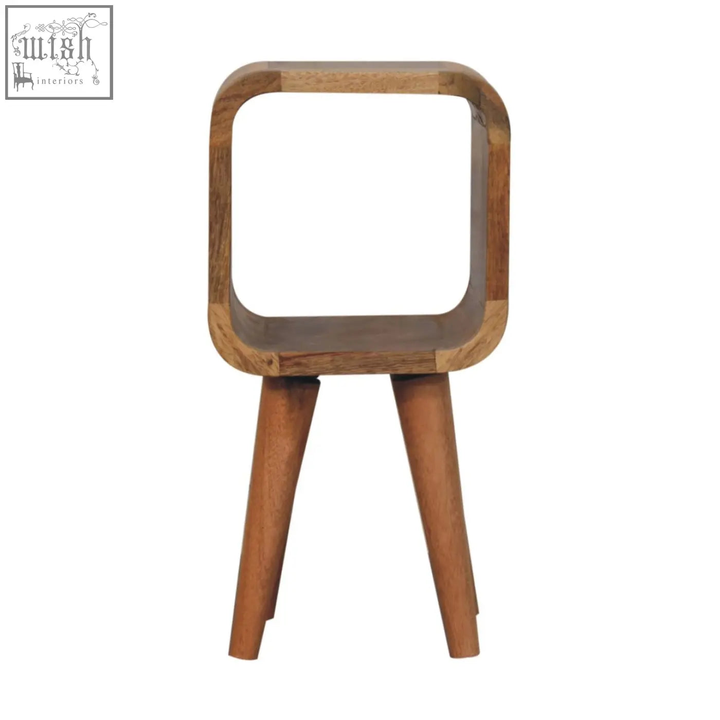 Extra mini minimalist open curved oak-ish bedside table with open shelf and tapered legs in natural wood finish
