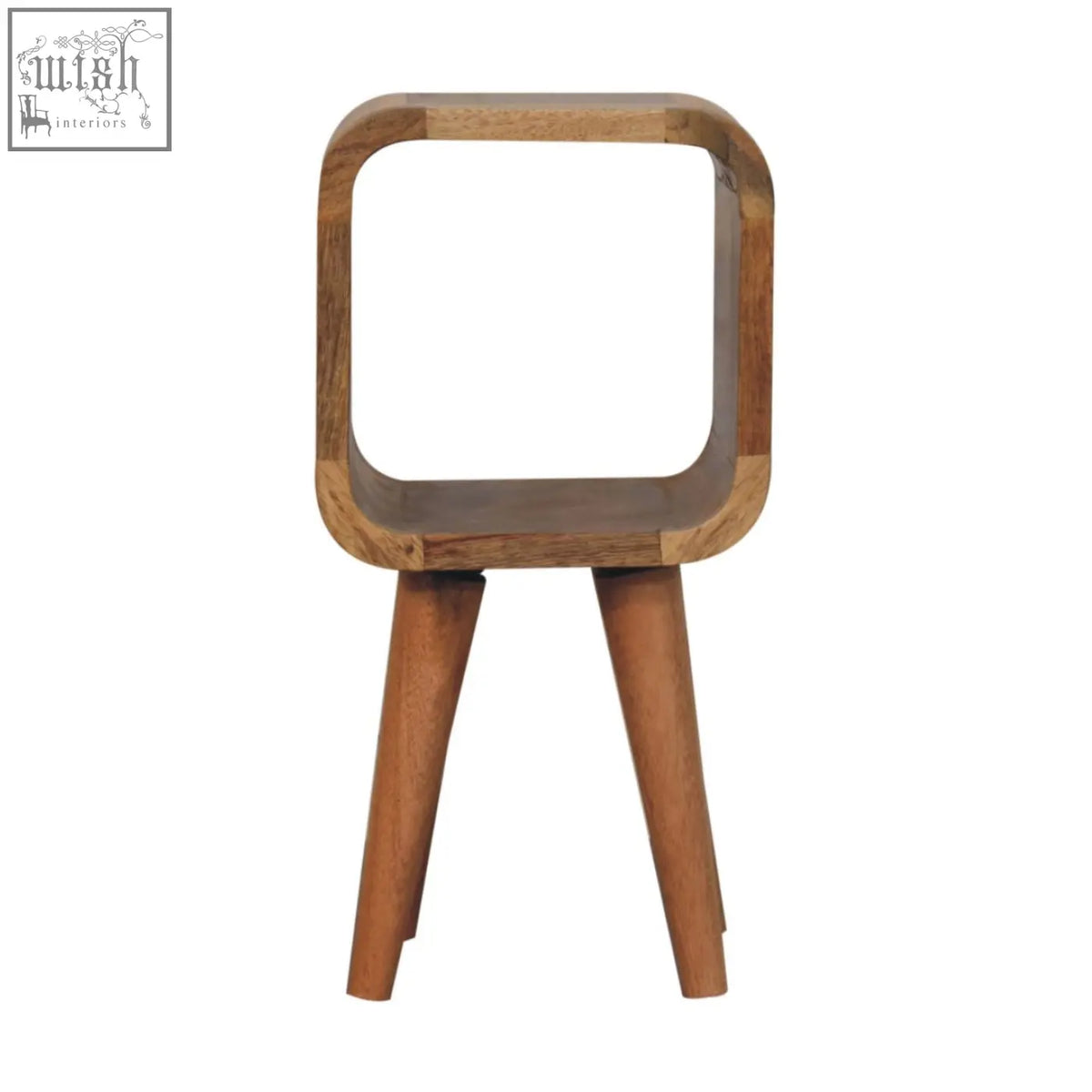 Extra mini minimalist open curved oak-ish bedside table with open shelf and tapered legs in natural wood finish