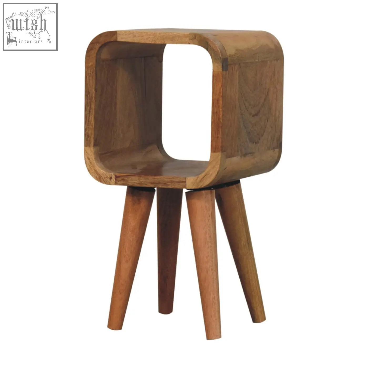 A sleek extra mini minimalist open curved oak-ish bedside table with open shelf and three tapered legs