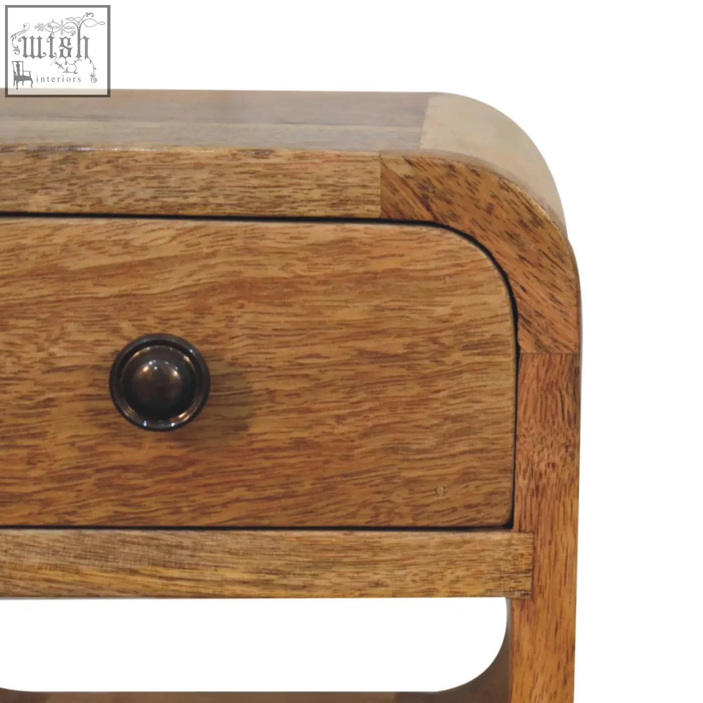 Light brown oak bedside table with curve lower design and dark bronze knob in natural oak finish