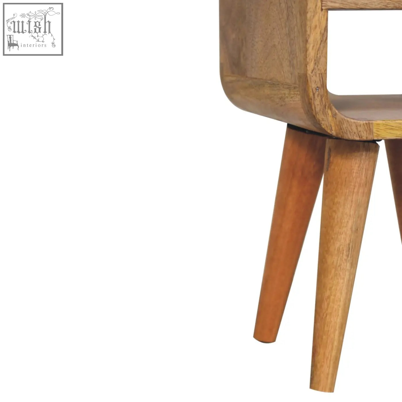 Extra mini oak-ish curve lower bedside table in natural oak finish with tapered legs and curved frame bedside table