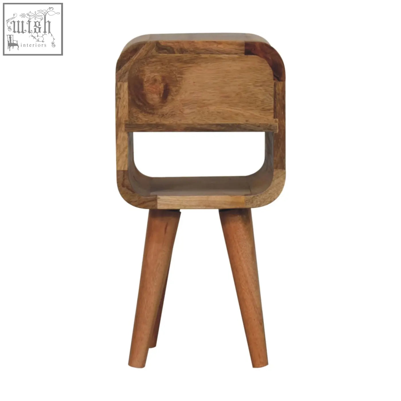 Rustic extra mini oak-ish curve lower bedside table with natural oak finish tapered legs and curved cutout shelf