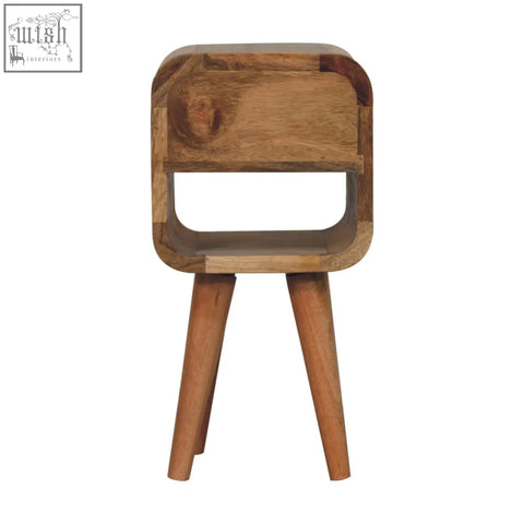 Rustic extra mini oak-ish curve lower bedside table with natural oak finish tapered legs and curved cutout shelf