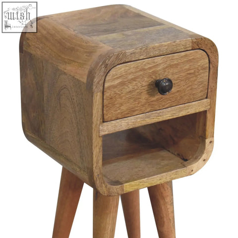Extra mini oak-ish curve lower bedside table with natural oak finish rustic wooden bedside table with drawer and shelf