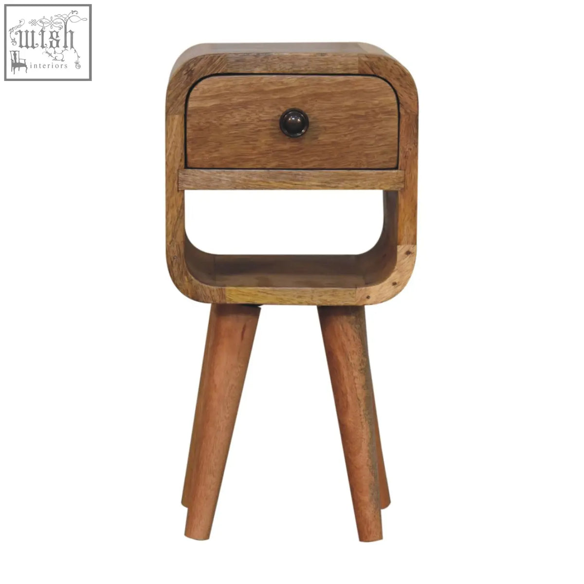 A rustic extra mini oak-ish curve lower bedside table with natural oak finish, single drawer, and black round knob